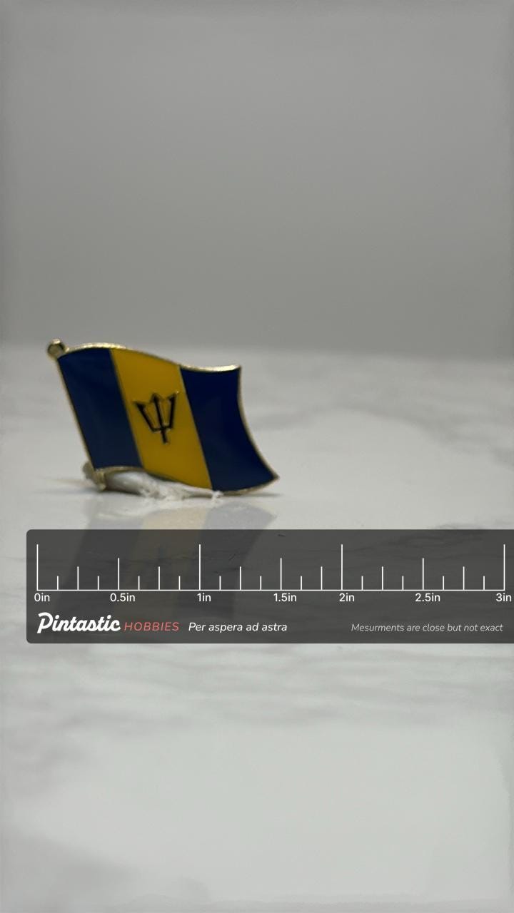 Barbados Flag Pin: Enamel Gold-Tone - Travel Souvenir Accessory with ruler overlay for size reference