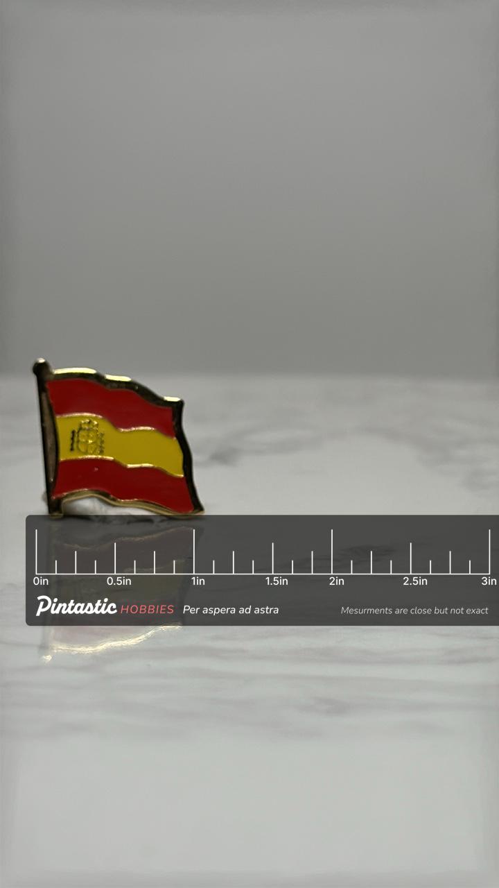 Spain Flag Lapel Pin: Red Yellow Enamel - Vintage Travel Accessory with ruler overlay for size reference