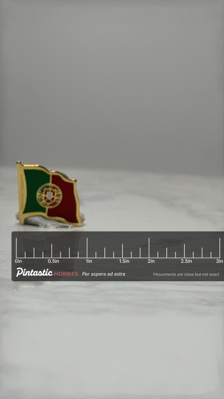 Portugal Flag Pin: Gold Tone Enamel - Travel Souvenir Accessory with ruler overlay for size reference