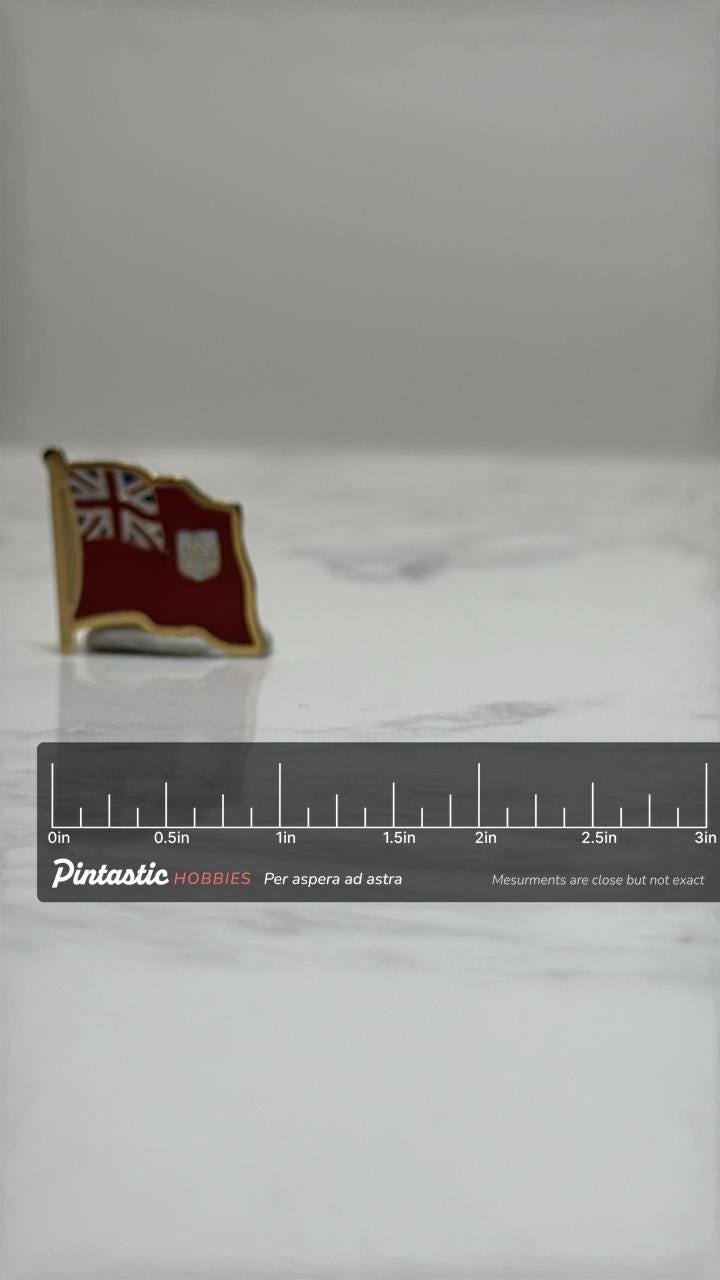 Bermuda Flag Lapel Pin: Gold Trim Enamel - Travel Souvenir Accessory with ruler overlay for size reference