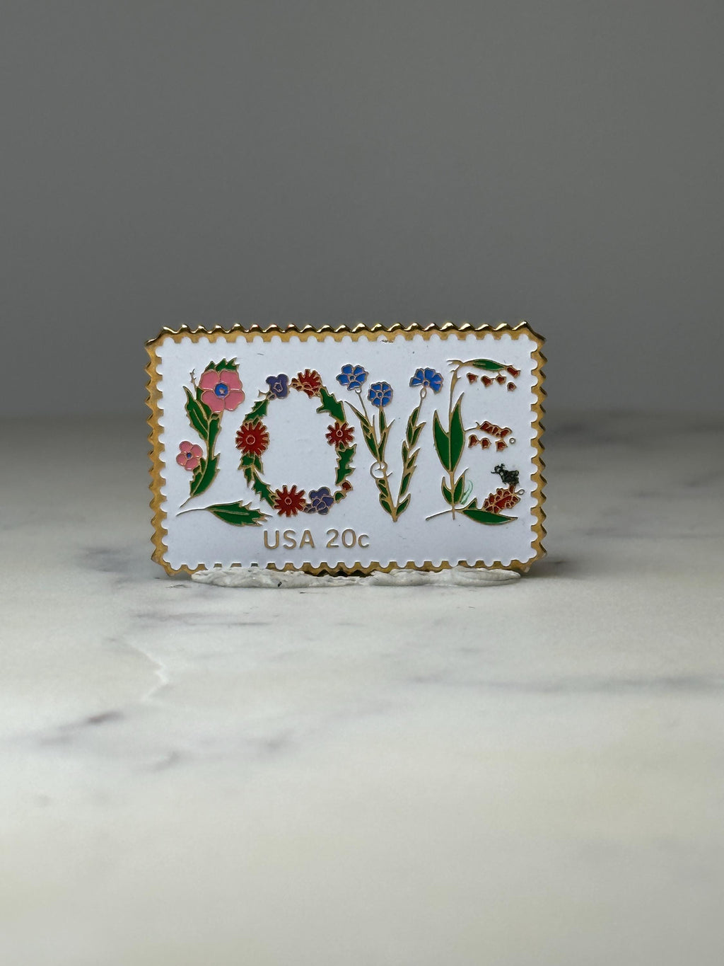 USPS Love Stamp Enamel Pin: Gold Tone Floral - 1980s USA Accessory