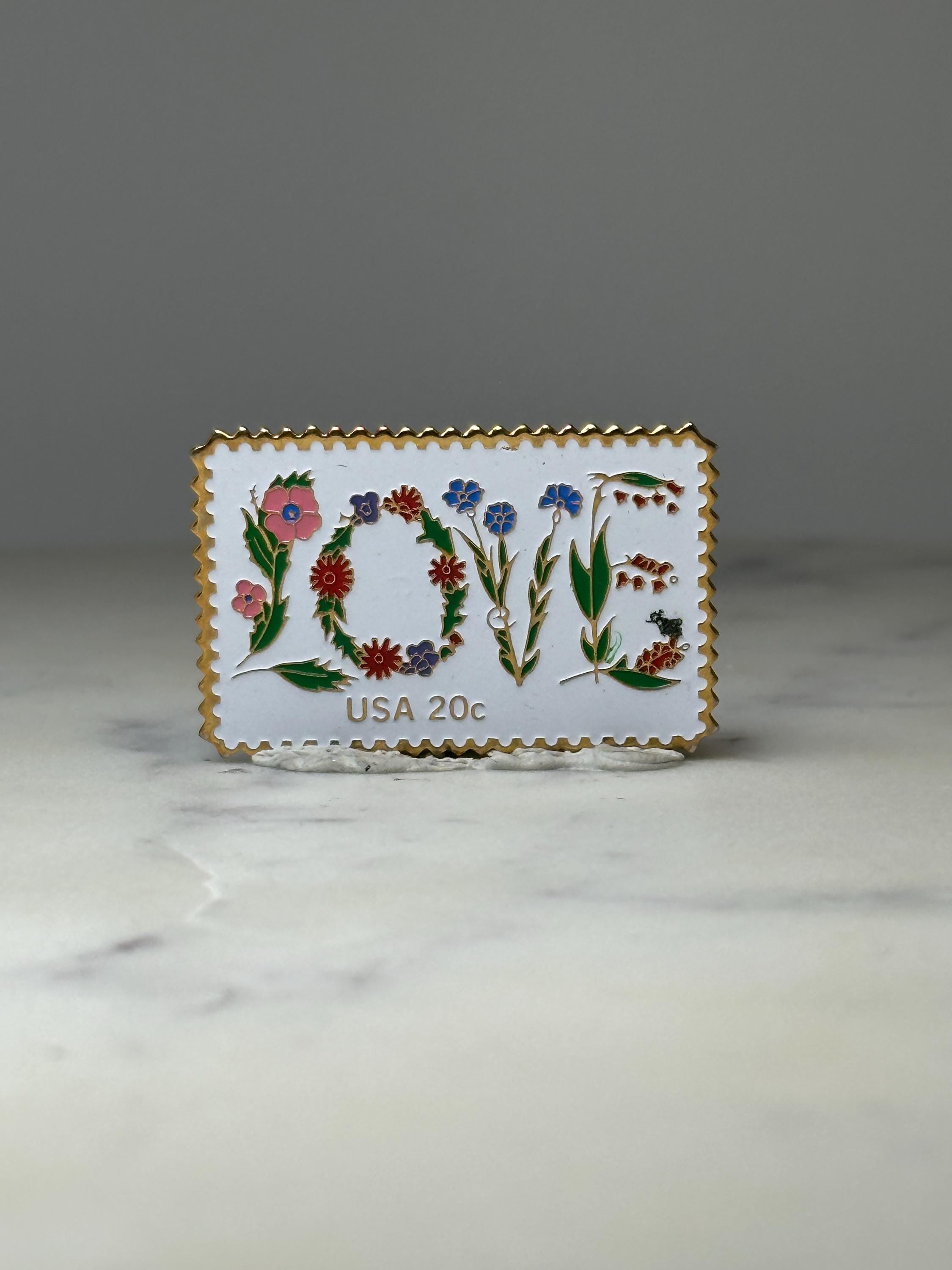 USPS Love Stamp Enamel Pin: Gold Tone Floral - 1980s USA Accessory