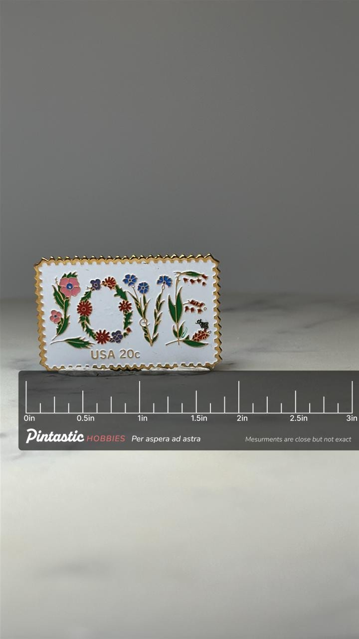USPS Love Stamp Enamel Pin: Gold Tone Floral - 1980s USA Accessory with ruler overlay for size reference