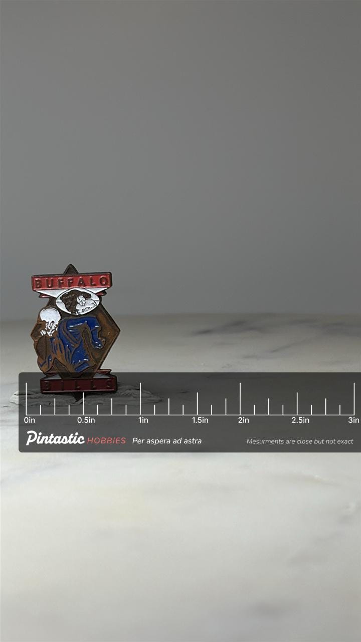 Buffalo Bills Football Pin: Red Blue Enamel - NFL Sports Accessory with ruler overlay for size reference