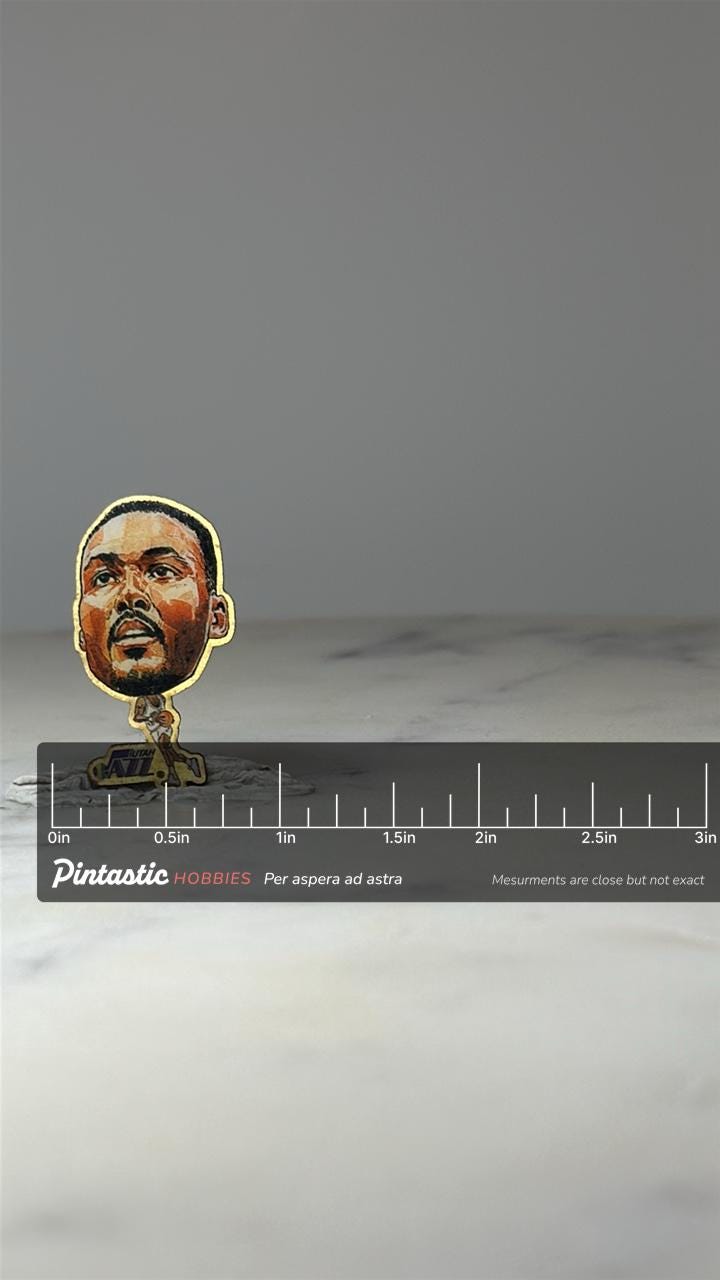 Vintage Karl Malone Pinheads Pin: Utah Jazz NBA Lapel Pin – 90s Basketball Collectible with ruler overlay for size reference