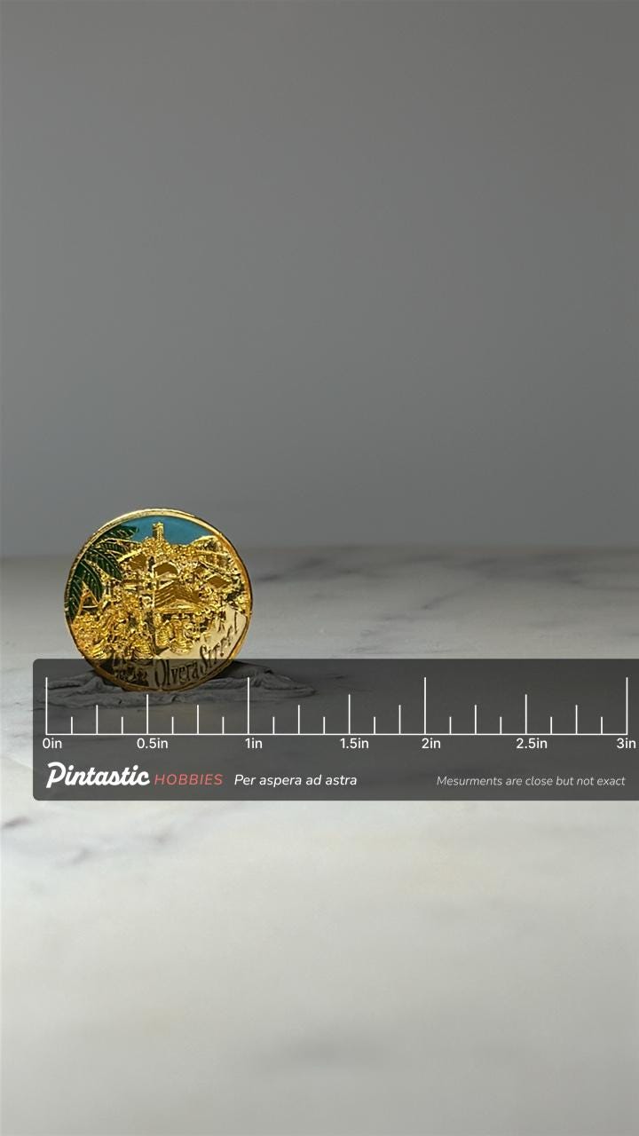 Olvera Street Souvenir Pin: Gold Tone Enamel - California Travel Accessory with ruler overlay for size reference