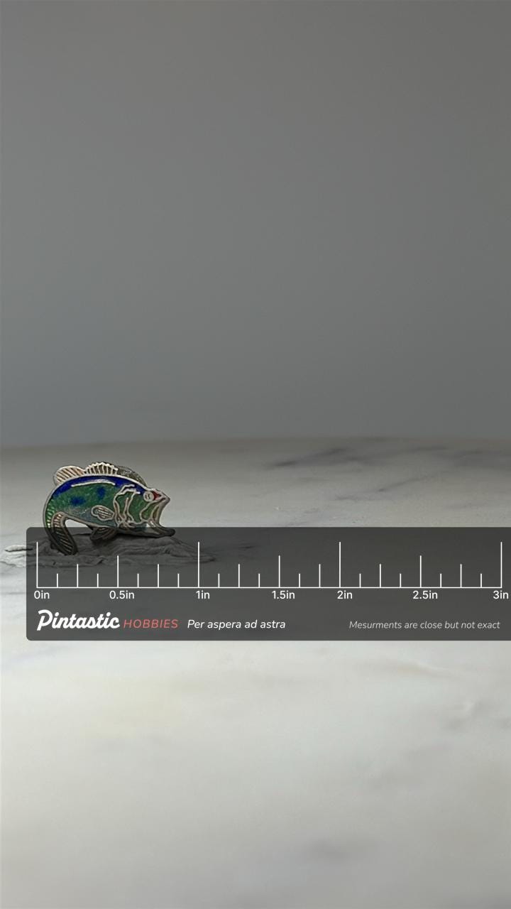 Bass Fish Enamel Pin: Green Blue Silver - Fishing Theme Accessory with ruler overlay for size reference