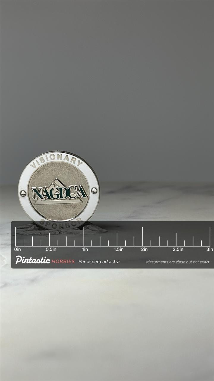 NAGDCA Visionary Sponsor Pin: Silver Tone Enamel - Corporate Award with ruler overlay for size reference