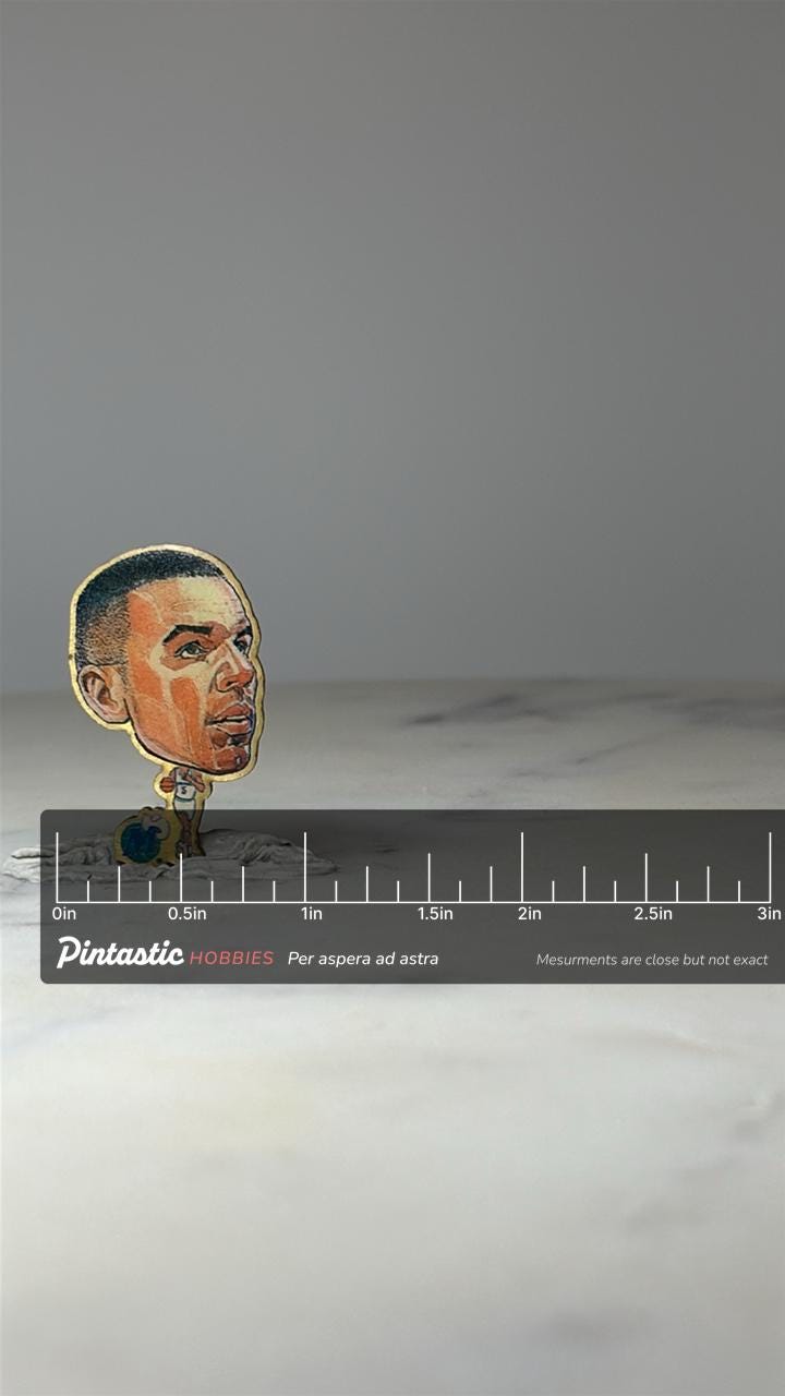 Vintage Jason Kidd Pinheads Pin: Dallas Mavericks NBA Lapel Pin – 90s Basketball Collectible with ruler overlay for size refe