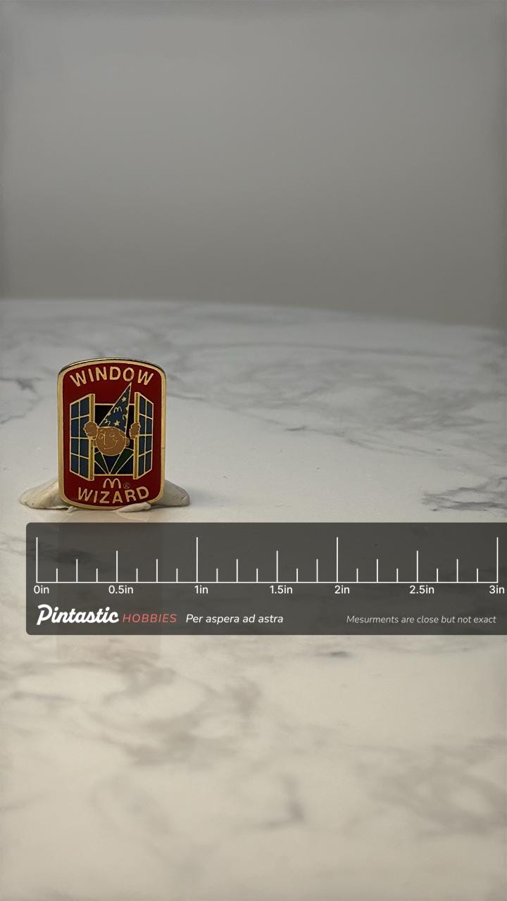 Vintage McDonalds Window Wizard Enamel Pin: Red Gold - 1990s Promo Accessory with ruler overlay for size reference