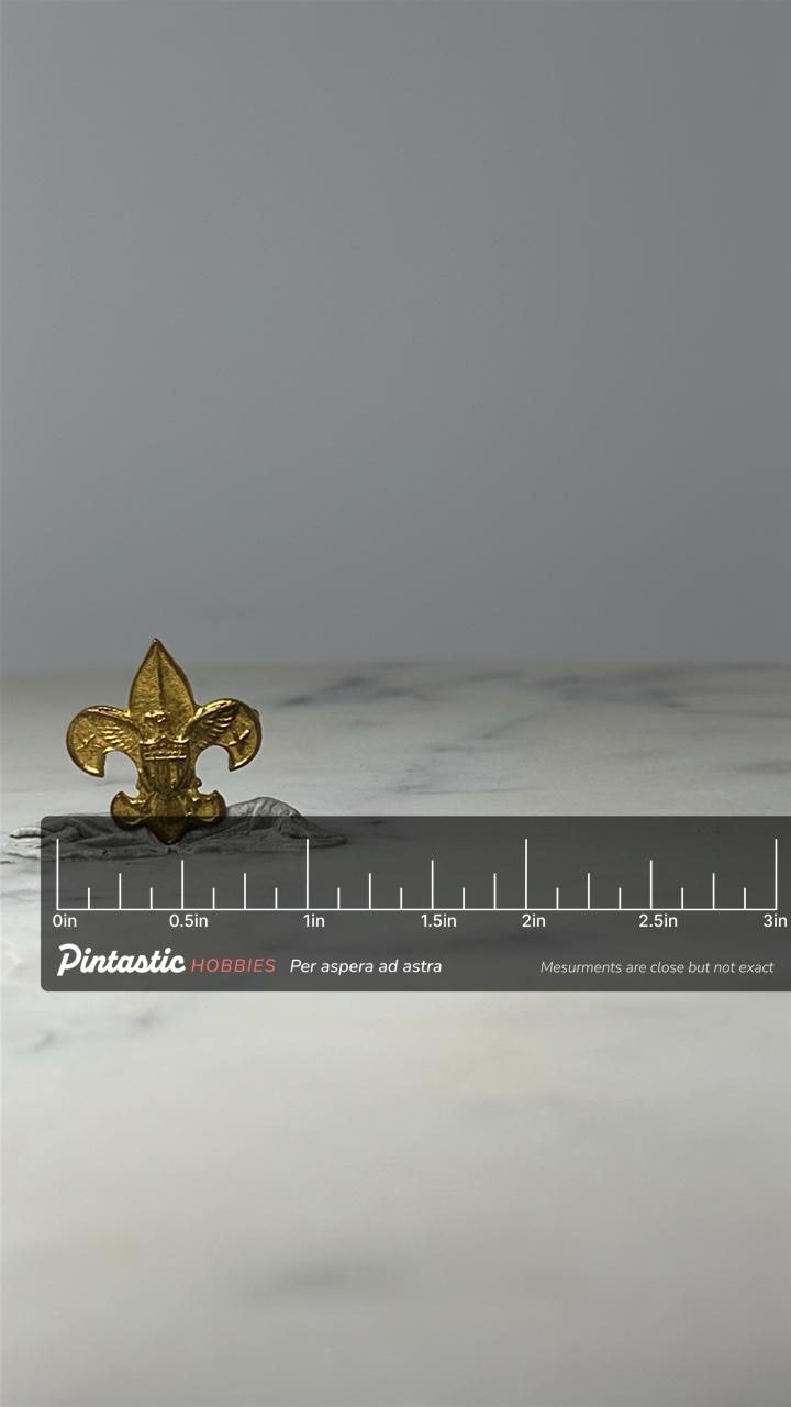 Vintage Boy Scouts Fleur de Lis Lapel Pin: Gold Tone - BSA Emblem Accessory with ruler overlay for size reference