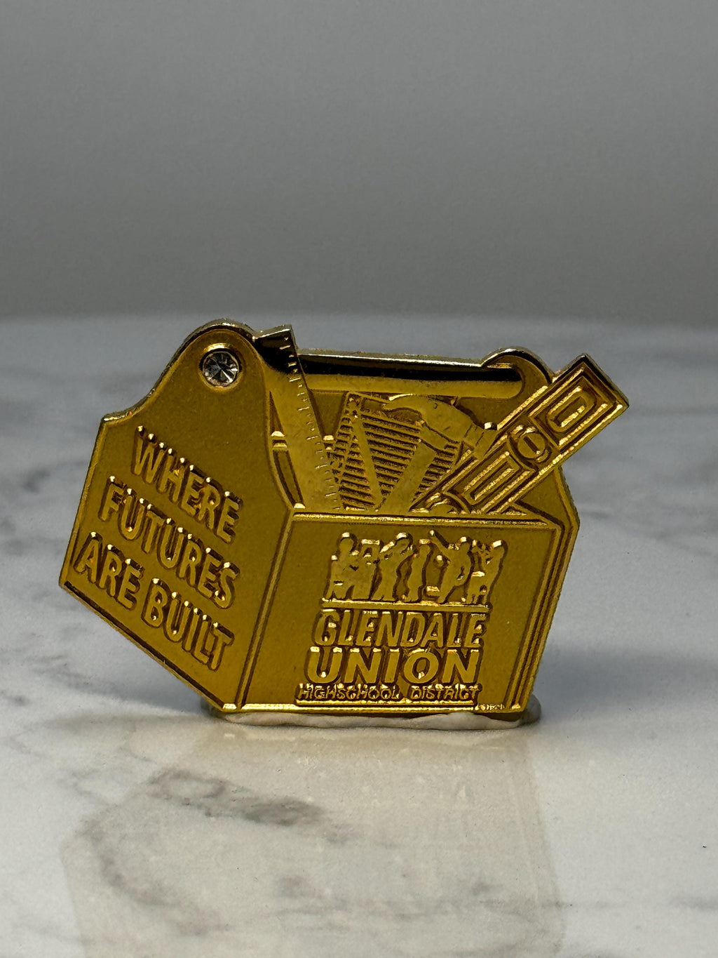 Vintage Glendale Union High School Pin: Gold Tone Tool Box - School District Accessory