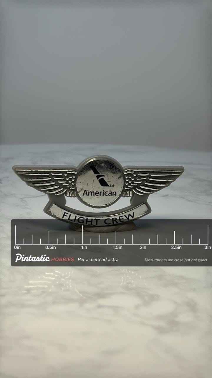 Vintage American Airlines Flight Crew Pin: Silver Tone - Aviation Accessory with ruler overlay for size reference