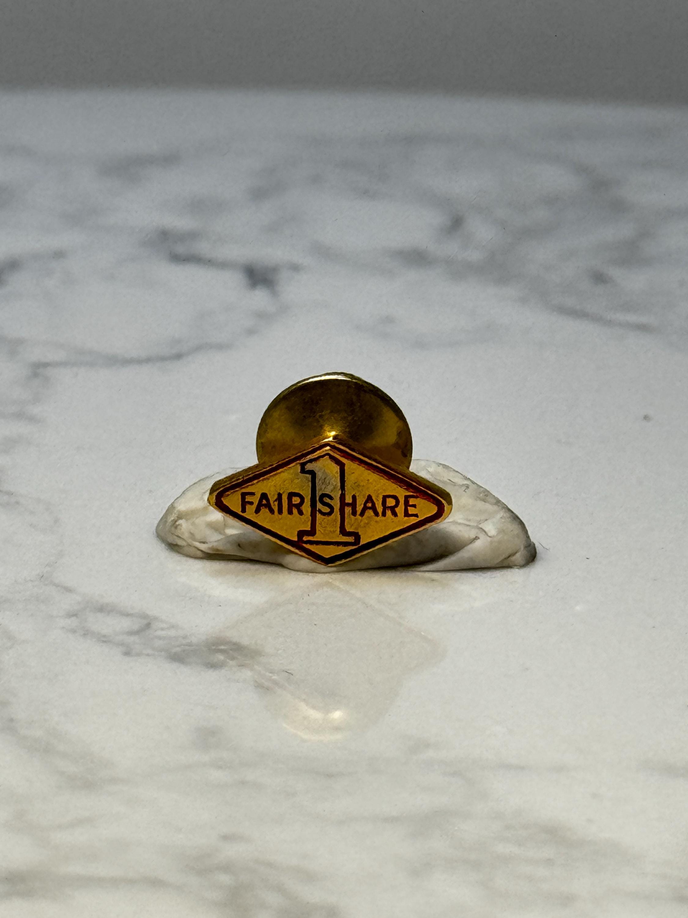 Vintage Fair Share Lapel Pin: Gold Tone Enamel - Retro Promo Accessory