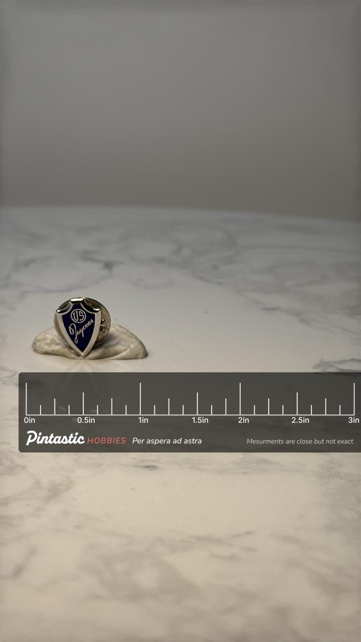 Vintage US Jaycees Shield Lapel Pin: Blue Enamel - Civic Organization Accessory with ruler overlay for size reference