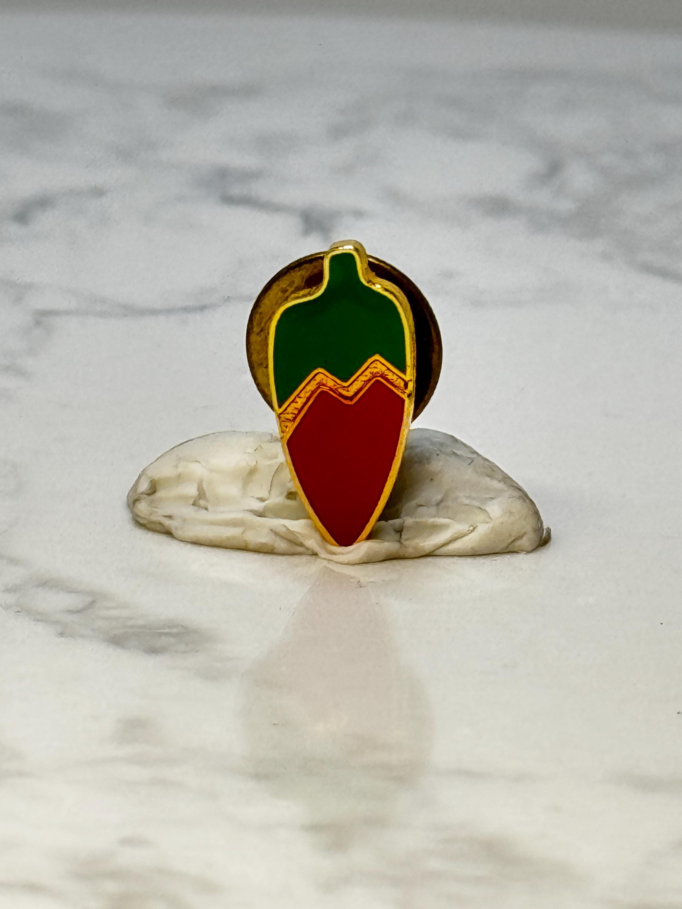 Vintage Chili Pepper Enamel Lapel Pin: Red & Green Gold Tone - Food Theme Accessory