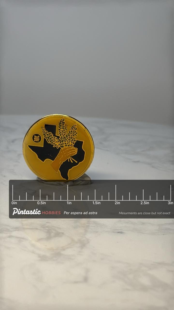 Vintage Texas Agriculture Enamel Lapel Pin: Yellow & Black - Farm Theme Accessory with ruler overlay for size reference