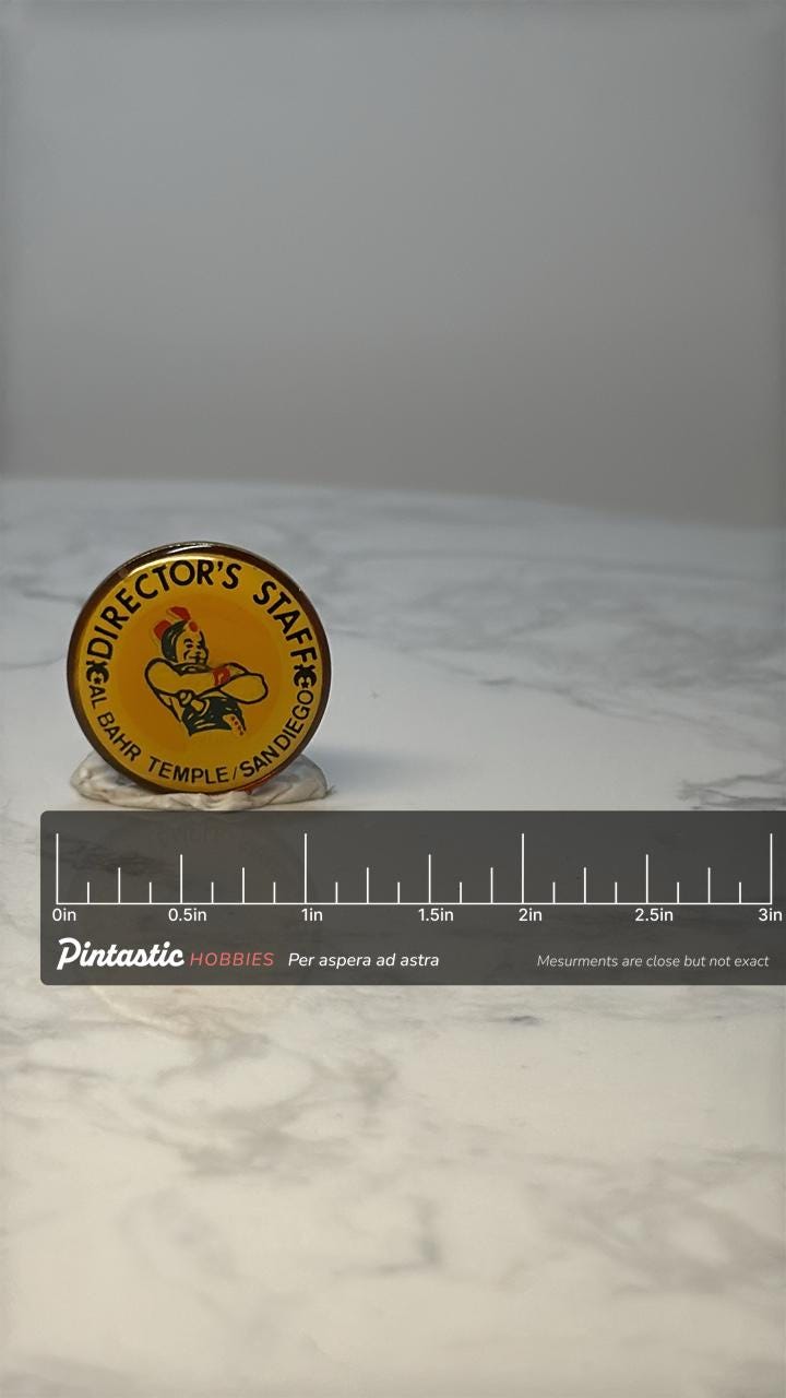 Vintage Al Bahr Temple Director's Staff Pin: Gold Tone - 2005 Masonic with ruler overlay for size reference