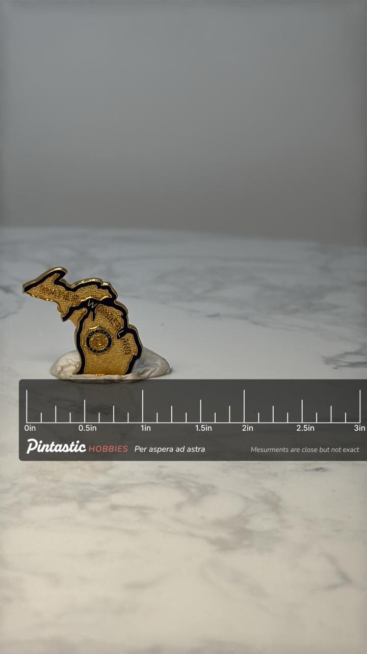 Vintage Michigan American Legion Pin: Gold Tone - Veteran Organization Collectible with ruler overlay for size reference