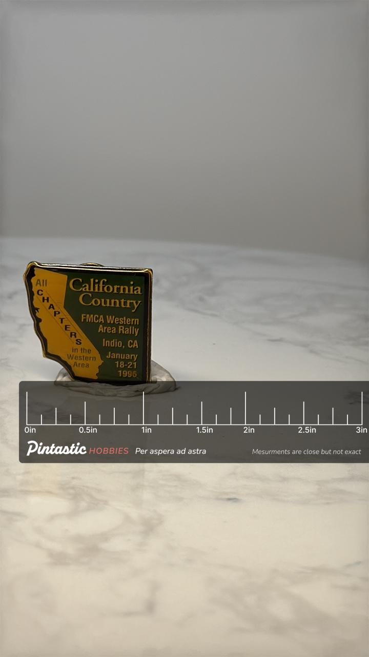 Vintage California FMCA Rally Lapel Pin: Gold Tone - 1996 Event with ruler overlay for size reference
