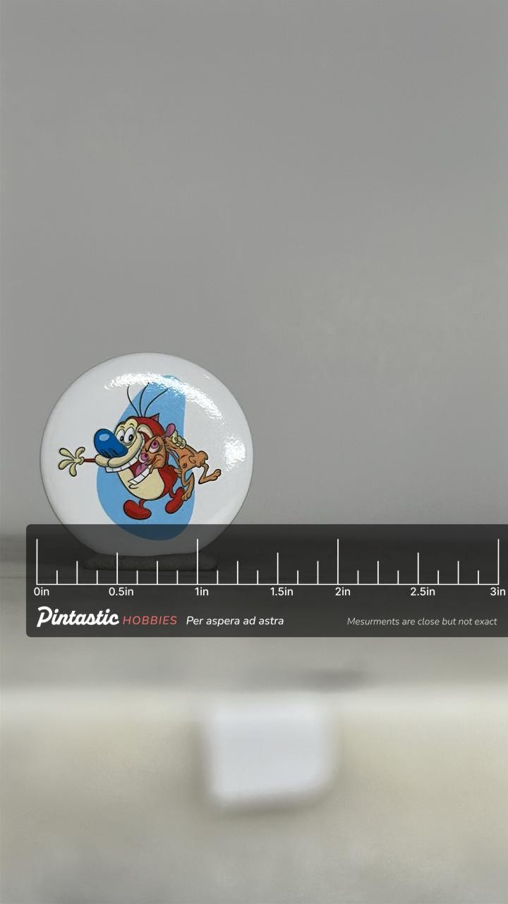 Vintage ren & stimpy button pin: classic cartoon white round - 90s nostalgia accessory with ruler overlay for size reference