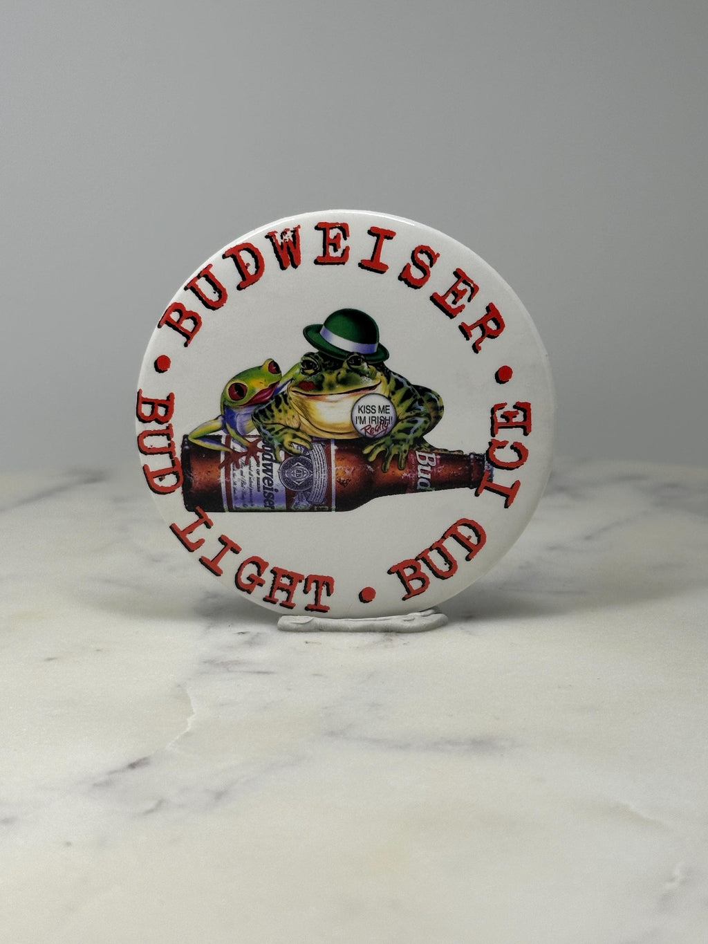 St. Patricks Day Budweiser Beer Button Pin: White Frog Graphic - 1990s Bar Promo