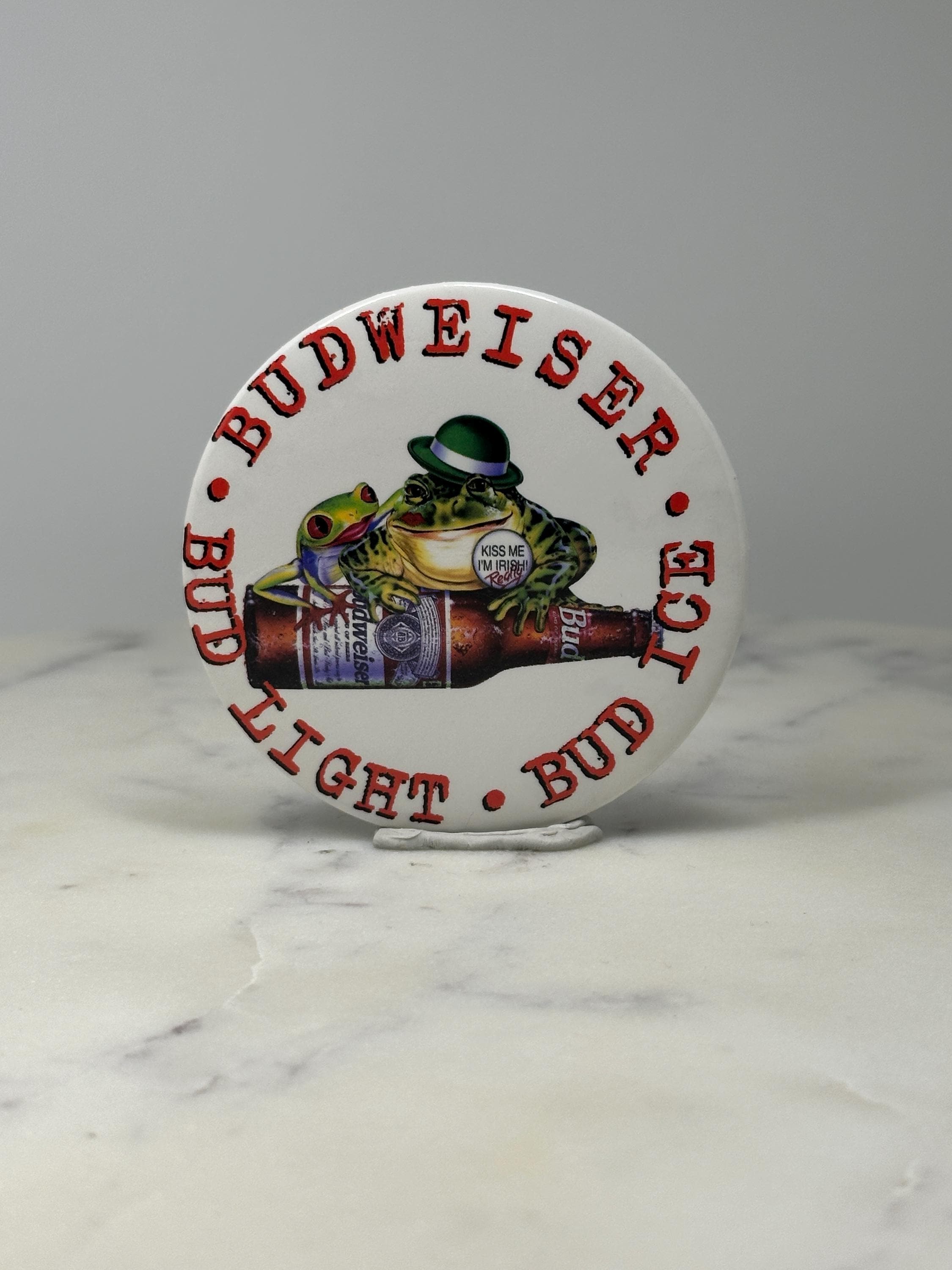 St. Patricks Day Budweiser Beer Button Pin: White Frog Graphic - 1990s Bar Promo
