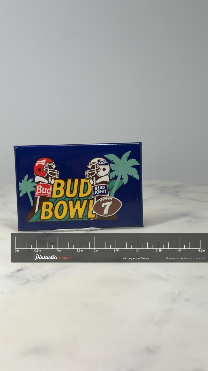 Bud Bowl 7 Football Pin: Colorful - 1990s Beer Promo Accessory with ruler overlay for size reference