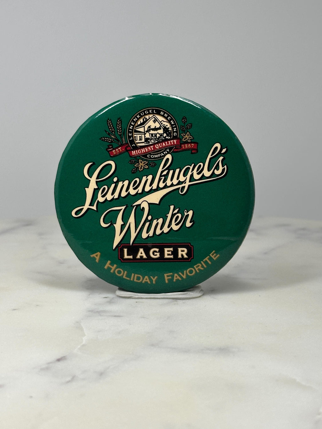 Leinenkugels Winter Lager Beer Button Pin: Green Logo - Holiday Promo Accessory