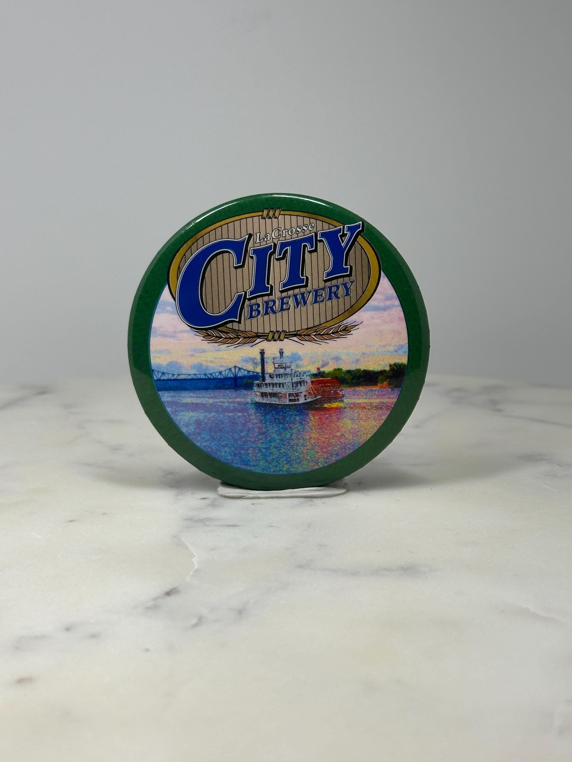 La Crosse City Brewery Button Pin: Green Button - Beer Ad Accessory