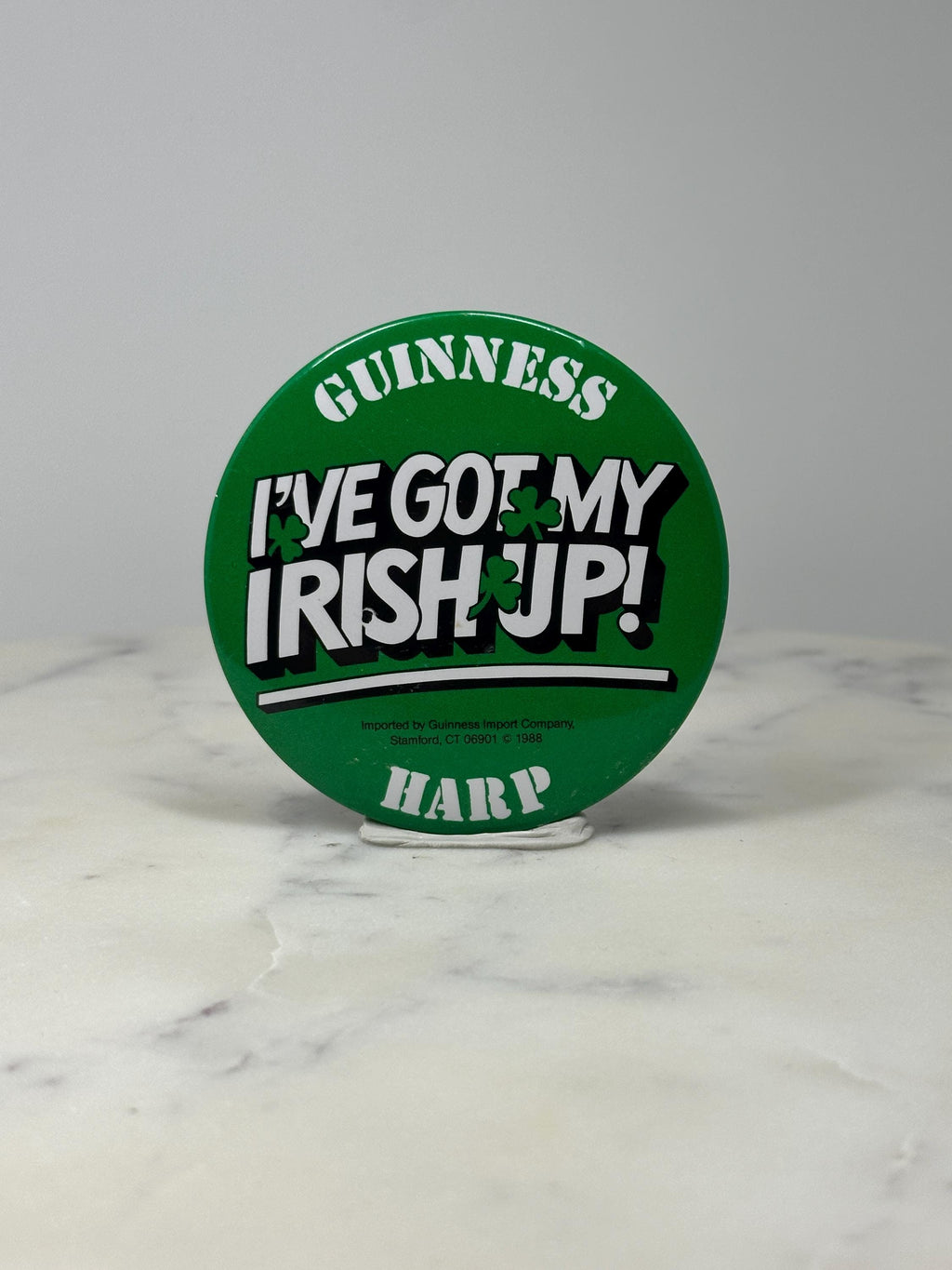Guinness Irish Pride Pin: Green Shamrock Button - 1988 St Patricks Day Barware