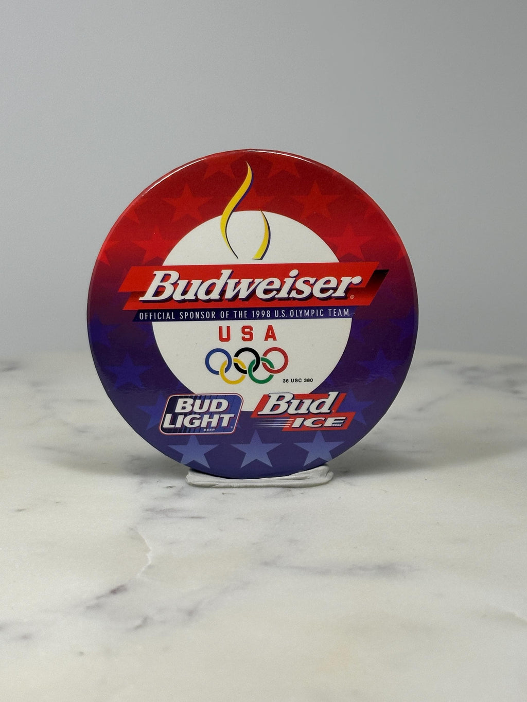 Budweiser Olympic Button Pin: Red White Blue - 1998 USA Sponsor Accessory