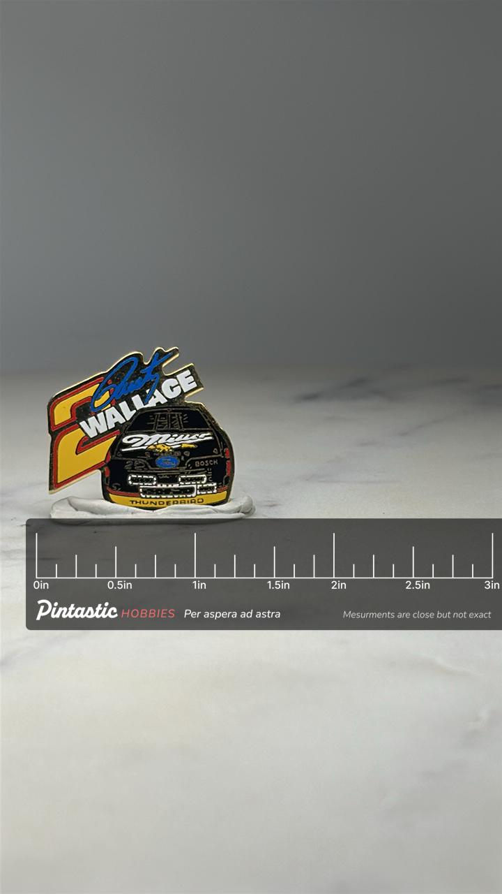 Rusty Wallace #2 NASCAR Pin: Enamel Multi Color - 1990s Racing Accessory with ruler overlay for size reference