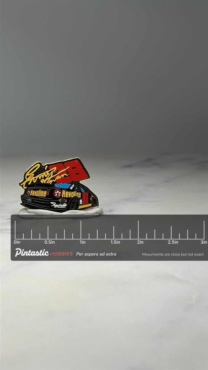 Ernie Irvan #28 NASCAR Pin: Black Enamel - Racing Collectible with ruler overlay for size reference