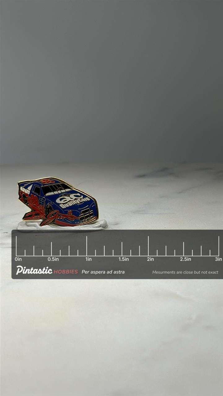 Dale Jarrett #88 NASCAR Racing Pin: Blue Red Enamel - 1990s Motorsports Accessory with ruler overlay for size reference