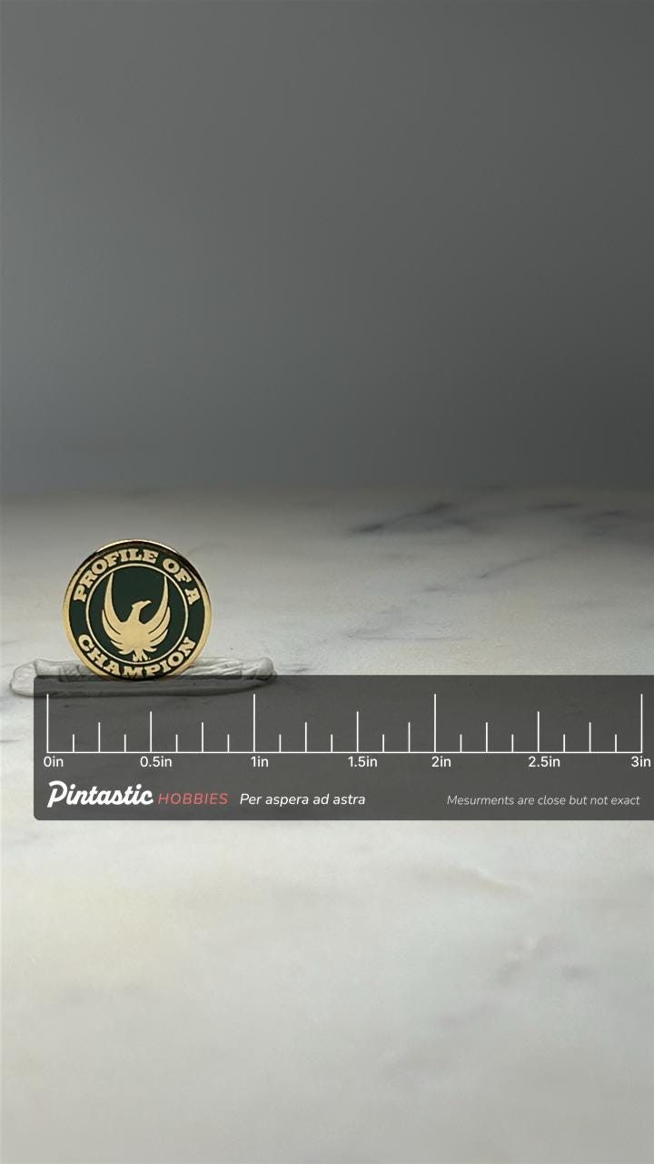 Profile of a Champion Enamel Pin: Green Gold Finish - Motivational Award Accessory with ruler overlay for size reference