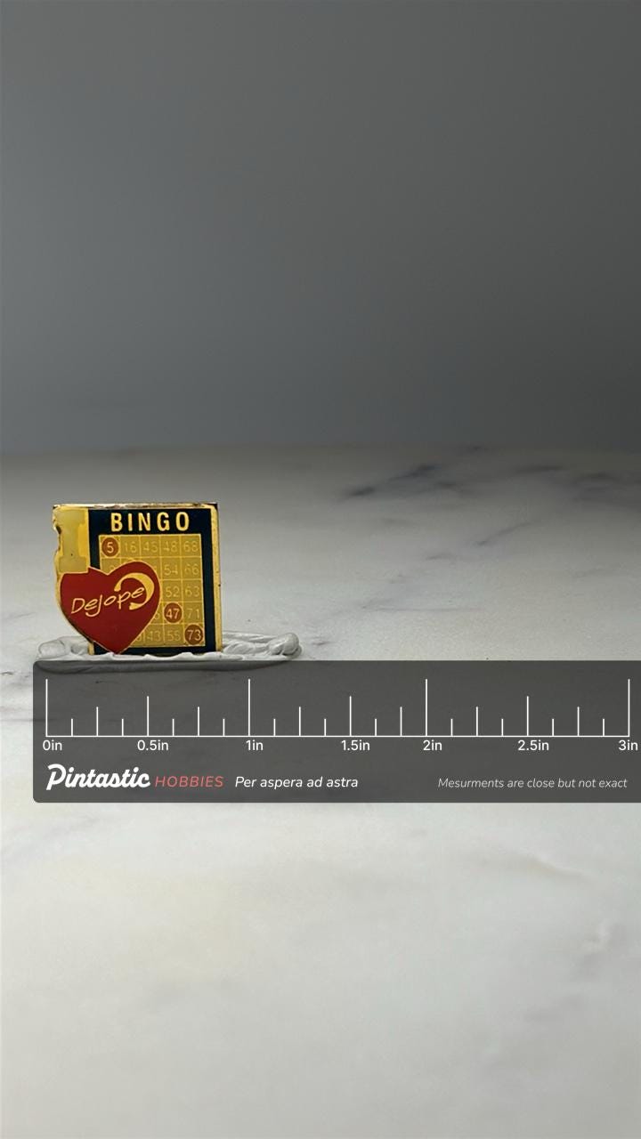 I Love Bingo Dejope Casino Enamel Pin: Red Heart Gold Tone - Retro Casino Accessory with ruler overlay for size reference