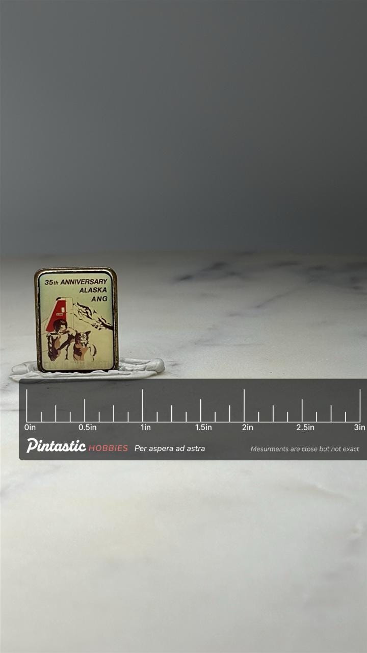 Alaska ANG 35th Anniversary Pin: Enamel - Military Commemorative with ruler overlay for size reference