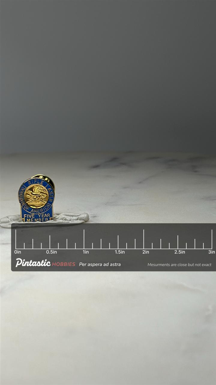 NRA Five Year Member Lapel Pin: Blue & Gold Enamel - Shooting Sports Accessory with ruler overlay for size reference