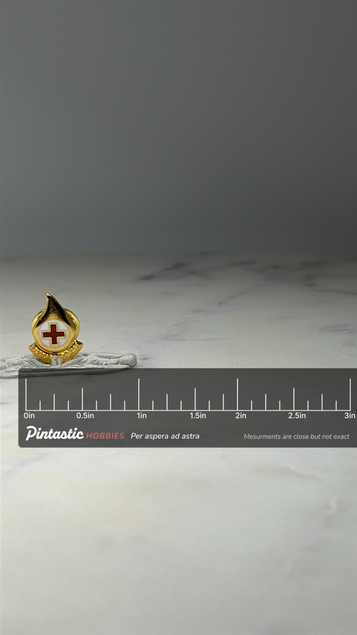 Red Cross 1 Gallon Club Blood Drop Pin: Gold Tone Enamel - Medical Award Accessory with ruler overlay for size reference