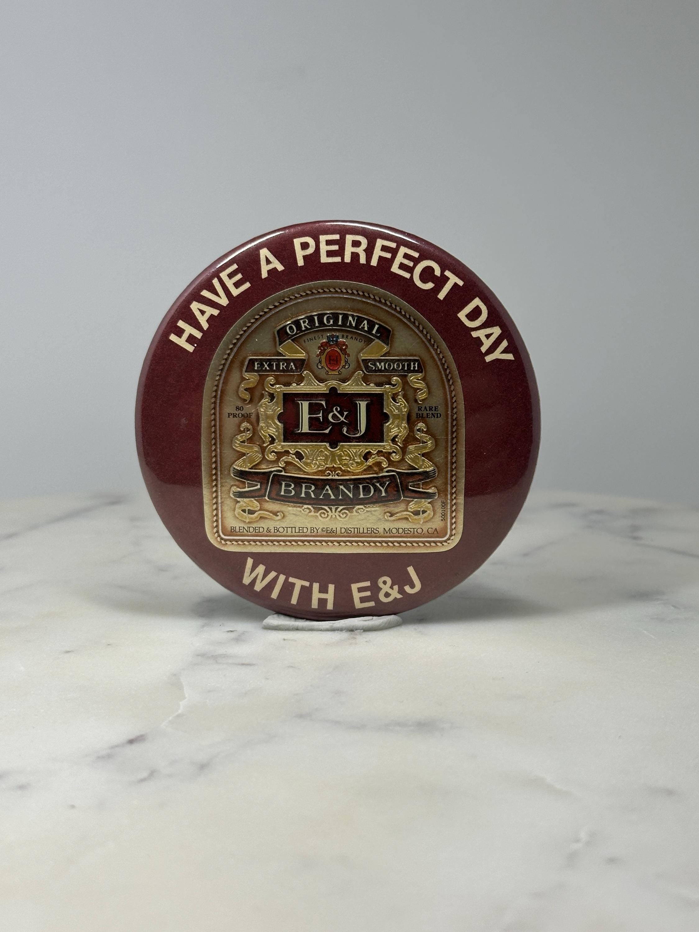 E and J Brandy Advertising Pin: Burgundy & Gold - Vintage Bar Accessory