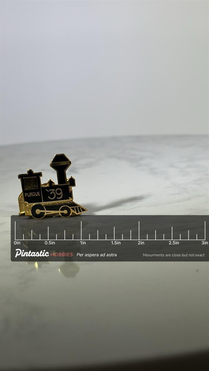 Rare purdue '39 train pin: black & gold enamel - class of '39 college accessory with ruler overlay for size reference