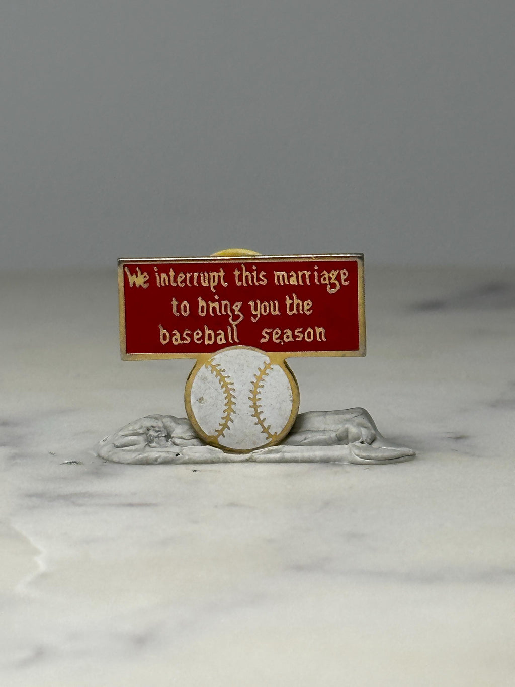 Baseball Season Novelty Pin: Red Enamel Gold Tone - Sports Humor Accessory