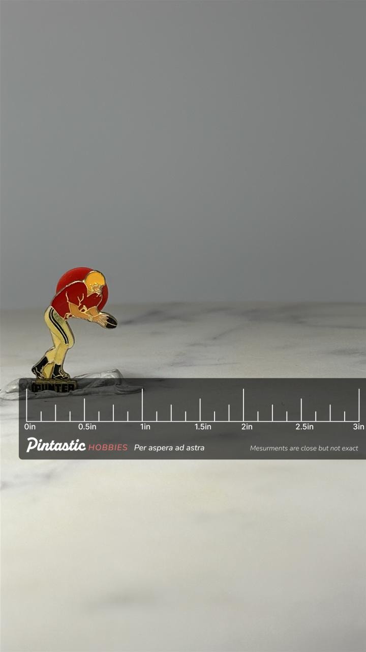Football Punter Player Pin: Gold Tone Enamel - Vintage Sports Accessory with ruler overlay for size reference