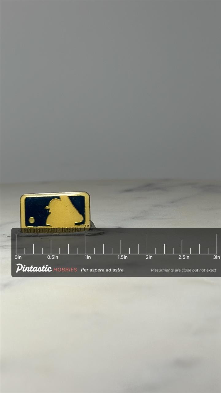 Major League Baseball Logo Pin: Gold Tone Enamel - Sports Fan Accessory with ruler overlay for size reference