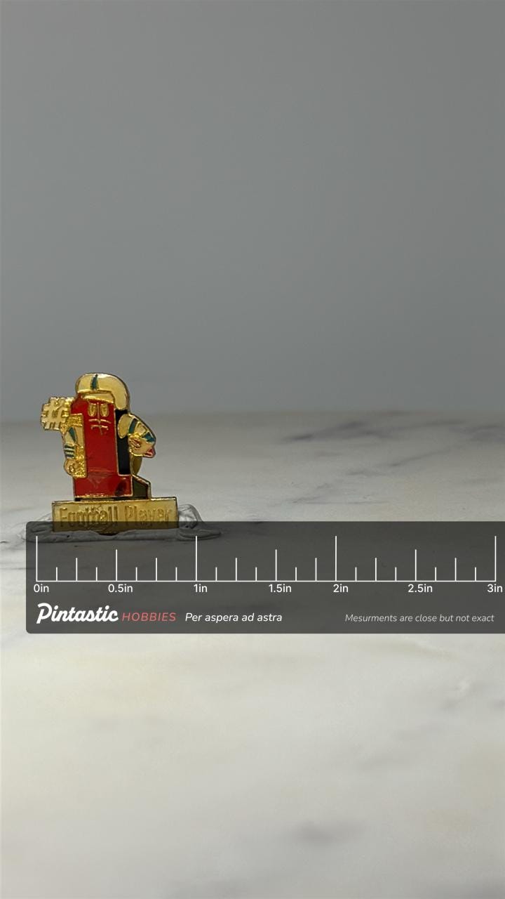 Football Player #1 Pin: Gold Tone Enamel - Sports Award Accessory with ruler overlay for size reference