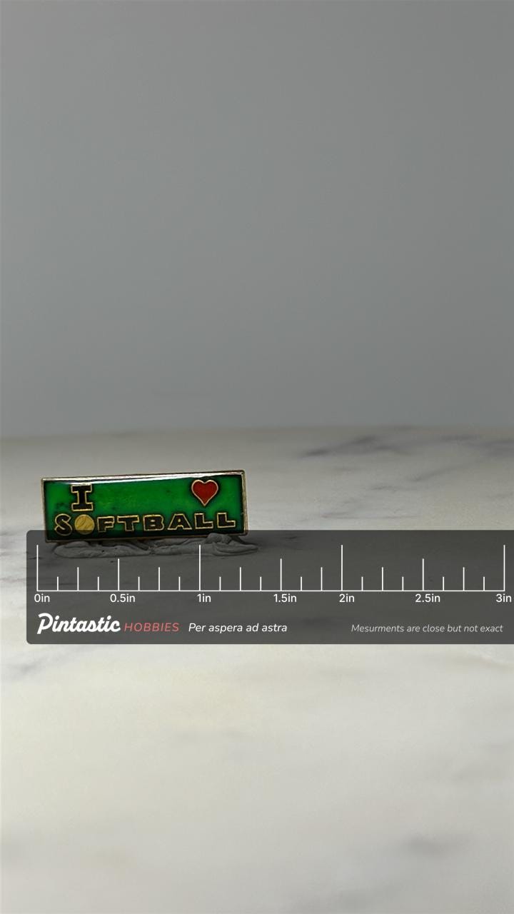 I Love Softball Lapel Pin: Green Enamel Gold Tone - Sports Fan Accessory with ruler overlay for size reference