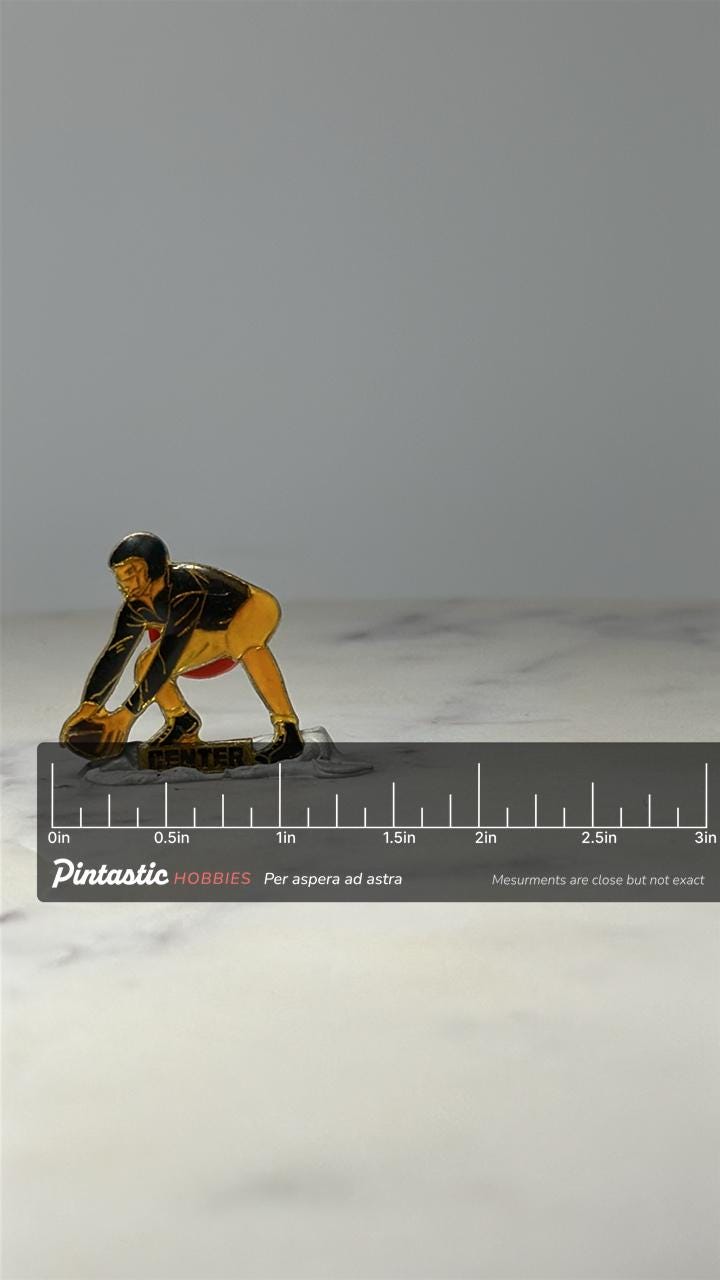 Football Center Player Pin: Black & Yellow Enamel - Sports Accessory with ruler overlay for size reference