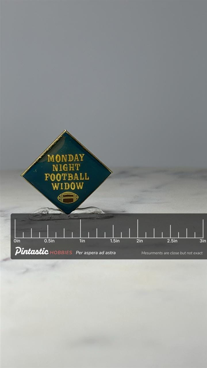 Monday Night Football Widow Enamel Pin: Green Gold Tone - 80s Sports Accessory with ruler overlay for size reference
