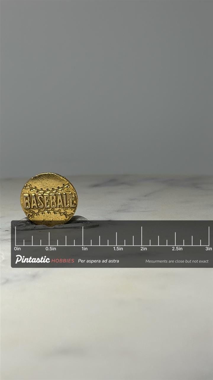 Baseball Round Lapel Pin: Gold Tone Textured - Sports Fan Accessory with ruler overlay for size reference